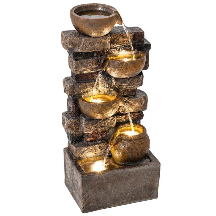 Fuente de jardín Outsunny - 5 niveles con jarras en cascada - Iluminación LED - Resina - 72 cm - Marrón rústico
