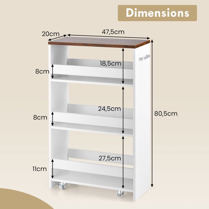 Desserte de Cuisine 20cm à Roulettes COSTWAY, Rangement Etroit à 4 Niveaux, Etagères Ouvertes, Poignée, pour Buanderie,Blanc Marron