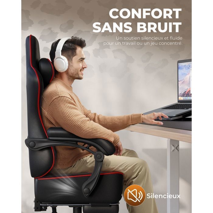Chaise Gaming Ergonomique, Synchrone, Accoudoirs Réglables, Coussins Lombaire/Tête, Siège Épais Tissu - Noir Rouge