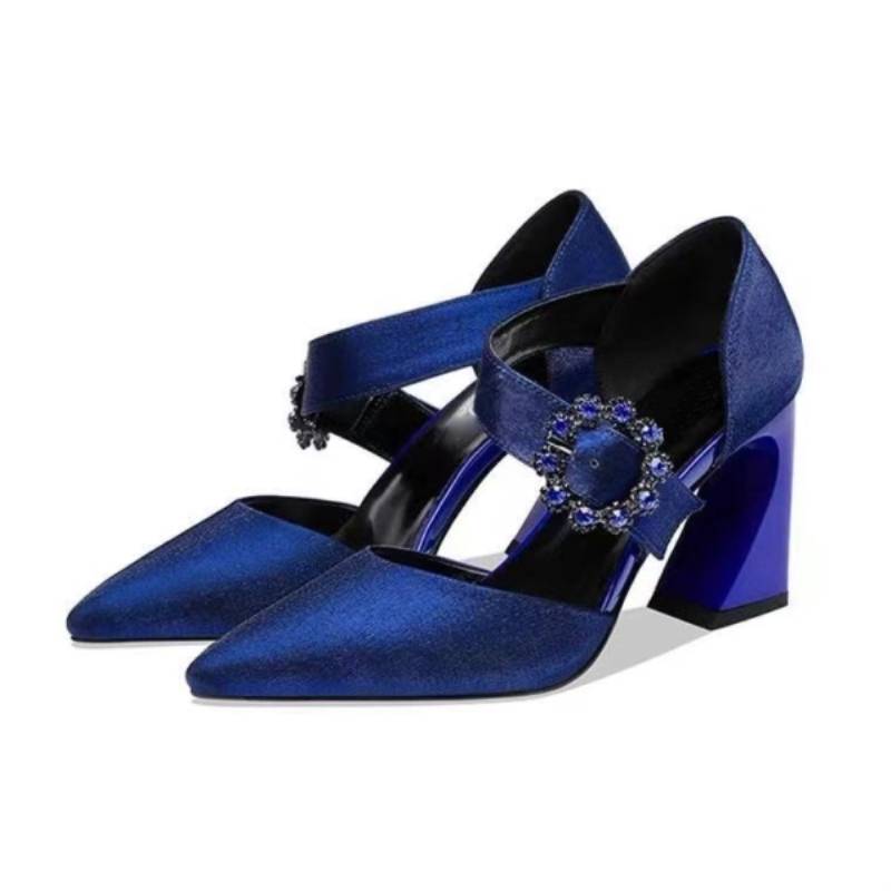Escarpins de banquet à boucle en cristal bleu, chaussures pour femmes en soie à bout pointu, élégants talons hauts pour mariage
