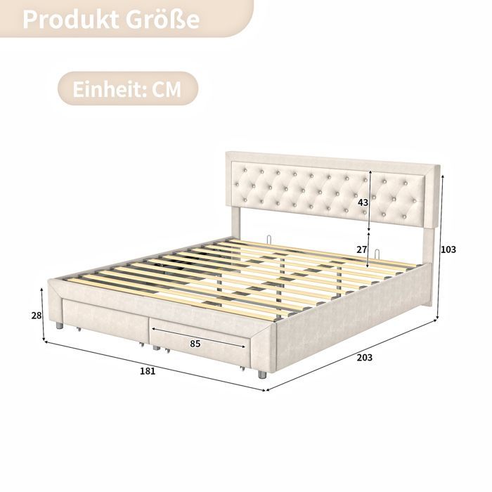 Cama de adulto de 180x200 cm con almacenamiento y somier de láminas, cama de 180x200 cm con 2 cajones, cama doble, tela de terciopelo, beige