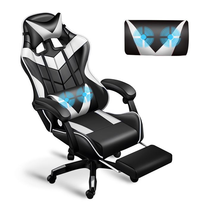 Silla gaming ergonómica con función de masaje, soporte lumbar, reposacabezas y reposapiés, altura regulable e inclinación de 90° a 135°.