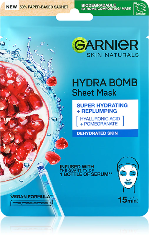 Máscara facial hidratante em tecido Garnier Hydra Bomb com ácido hialurônico