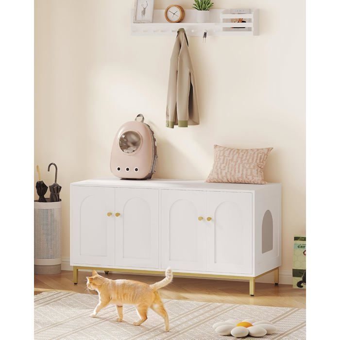 Arenero para 2 gatos, unidad de almacenamiento oculta, banco de almacenamiento, compatible con la mayoría de areneros, blanco.