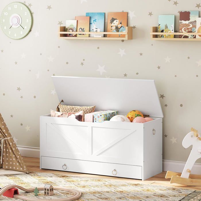 Coffre de Rangement-HOOBRO-Coffre à Jouets avec Tiroirs-Armoire à Jouets avec charnière de sécurité-Blanc