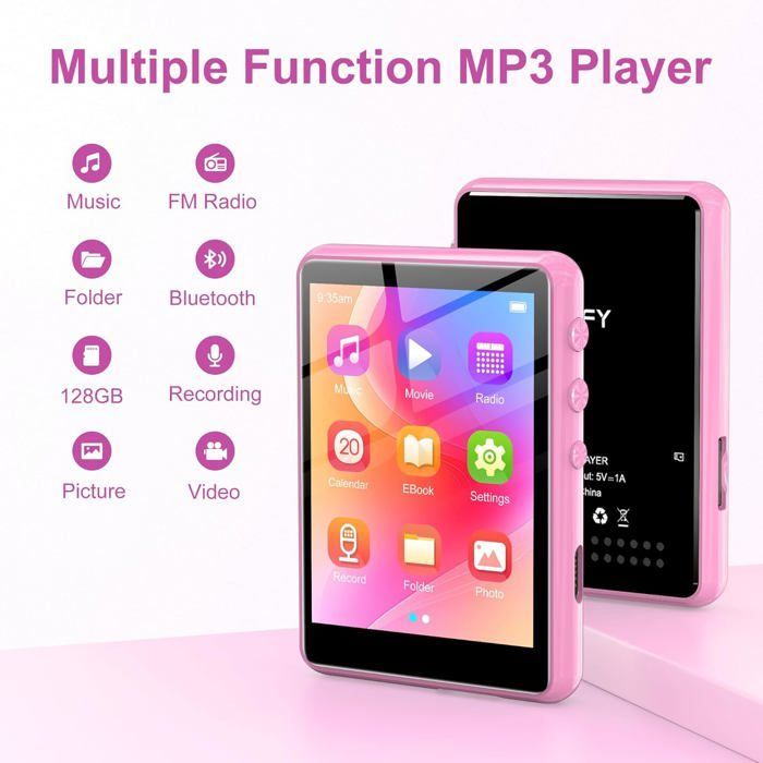 Reproductor MP3 de 128 GB con pantalla táctil Bluetooth de 5,3 a 2,4 pulgadas, sonido Hi-Fi, altavoz integrado, función de grabación y radio FM.