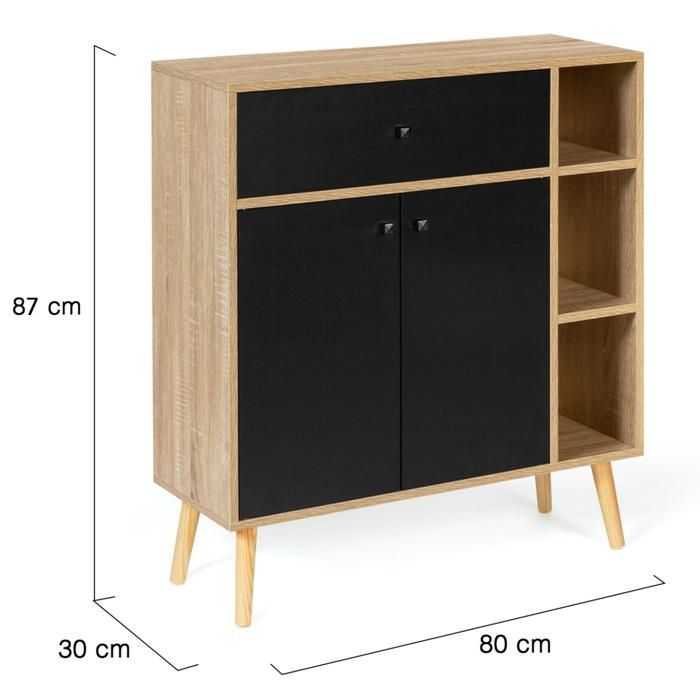 IDMARKET EMMIE Scandinavian wood and black storage unit with cupboard and drawer