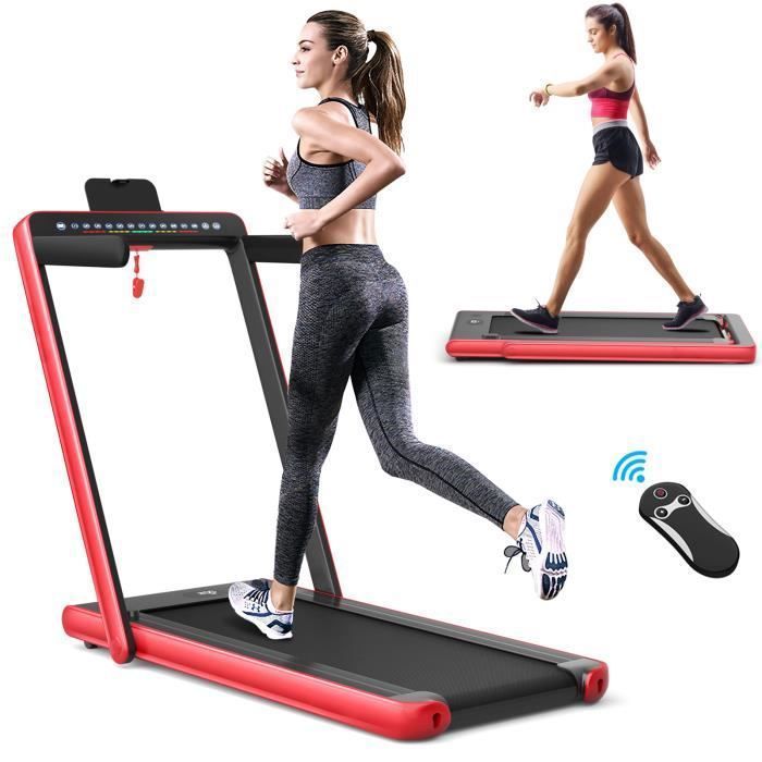 Cinta de correr plegable COSTWAY de 0,75 CV, doble pantalla LED, control por aplicación y mando a distancia, velocidad motorizada de 12 km/h, superficie de carrera de 40 x 100 cm, color rojo.