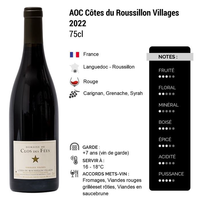 Domaine du Clos des Fées Côtes du Roussillon Villages Vieilles vignes 2022 - Vino rosso della Linguadoca-Rossiglione (6x75cl)