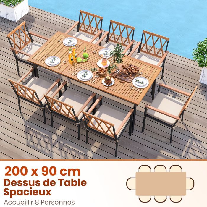 GIANTEX Table à Manger de Jardin Rectangulaire en Acacia, pour 8 Personnes, Pieds en Métal, Trou pour Parasol, 200 x 90 x 75 cm