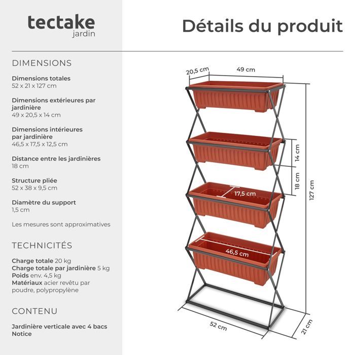 Aiuola rialzata - TECTAKE - Fioriera verticale in polipropilene 52 x 21 x 127 cm - Marrone