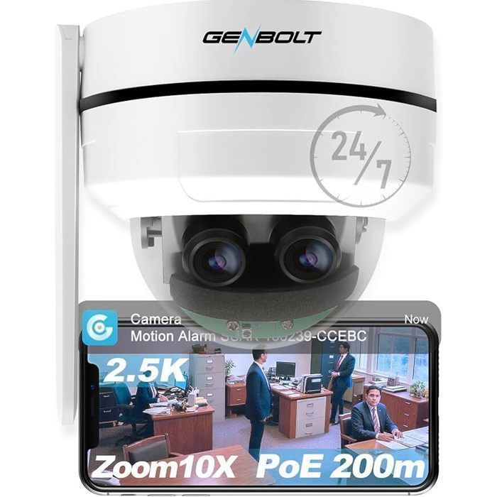 Cámara de vigilancia exterior PTZ GENBOLT 2.5K, WIFI 2.4/5GHz, cámara IP de 4MP con doble lente, DC y PoE, zoom 10X, IK10 resistente al vandalismo.
