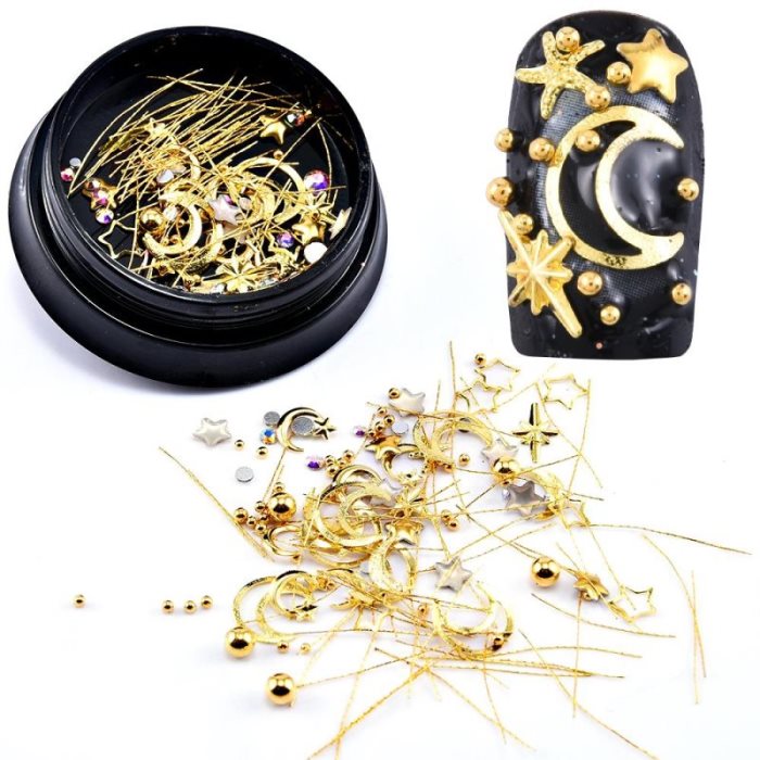 Clous d'ongles en alliage métallique mélangé, strass couleur lune et étoile AB, décoration 3D pour ongles, paillettes creuses japonaises