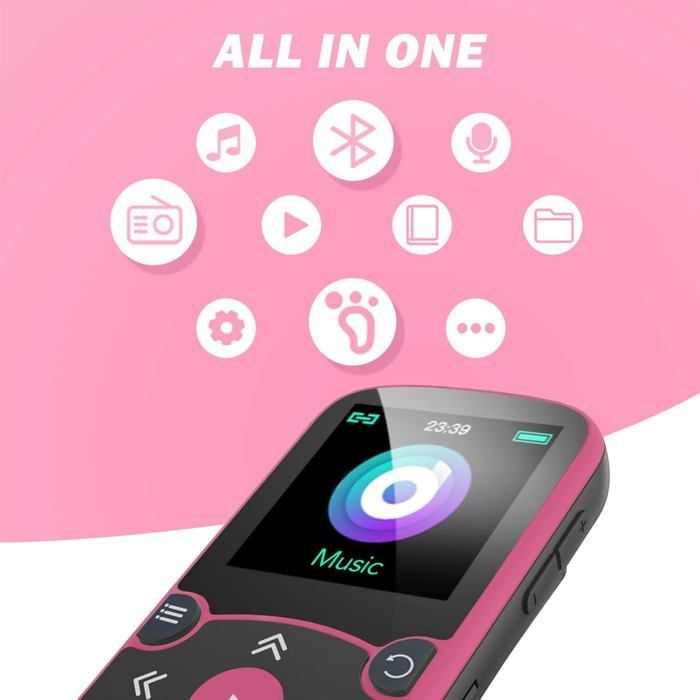 AGPTEK 64Go MP3 Bluetooth Sport avec Clip,Baladeur Portable HiFi,Lecteur Musique avec Radio FM/Podomètre, Extensible pour