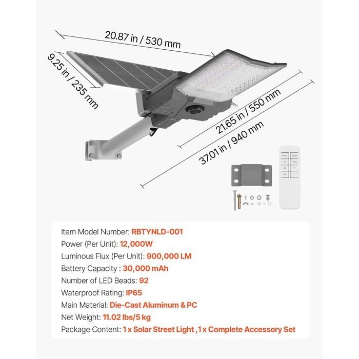 Luminária solar de rua para exterior - DUOKU - RBTYNLD-001 - 12000 W - 900000 lm - IP65