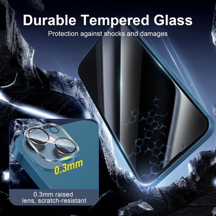 Kit de 4, 2 x Verre Trempé Anti-Espion pour iPhone 13 (6,1 Pouces) et 2 x Protection Caméra Arrière - Anti Rayures