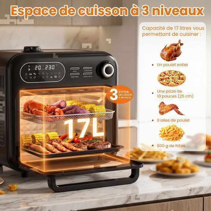 Friteuse à air sans huile Air fryer Urbiola 17L XXL Double Zone avec Fenêtre Visible - Vapeur Intégrée, 18 Programmes, 1400W