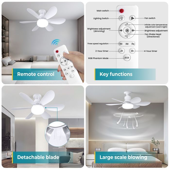Ventilatore da soffitto con telecomando, luce LED da soffitto, ventilatore da soffitto con luce e telecomando, 3 velocità, per soggiorno