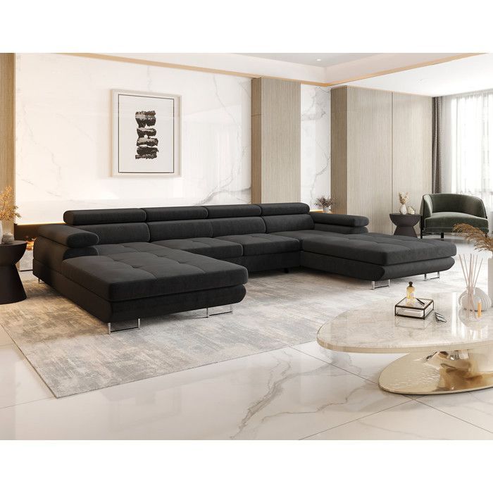 Ayden - Divano letto panoramico a forma di U a 7 posti con contenitore e poggiatesta regolabili in tessuto - Grigio