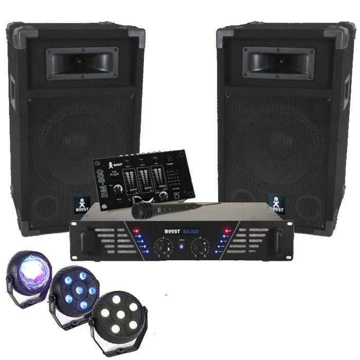 BOOST DJ-300 PA System Package with Speakers, Mixer, 480W Amplifier + PARTY-TRIFX 3-Pack LED Light Sets