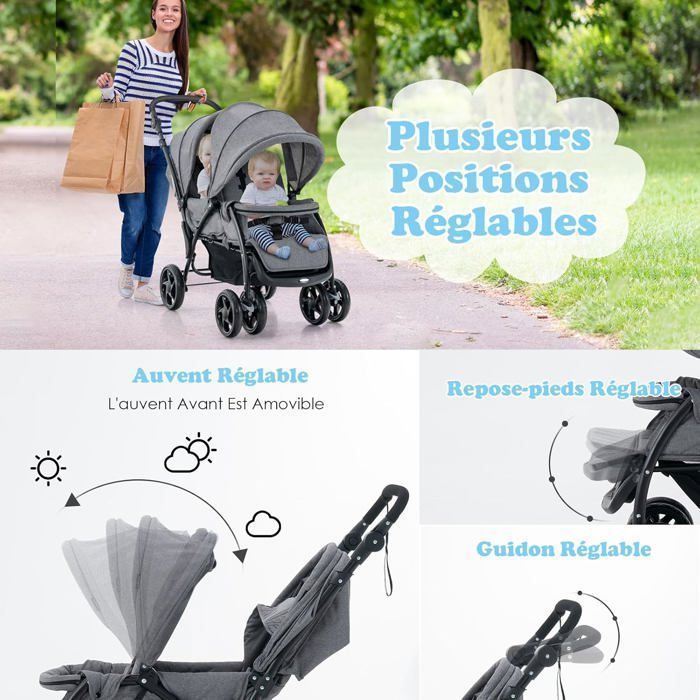 Cochecito doble plegable COSTWAY con capota ajustable, manillar, 4 ruedas con amortiguación, arnés de 5 puntos y capacidad de carga de 30 kg - Gris