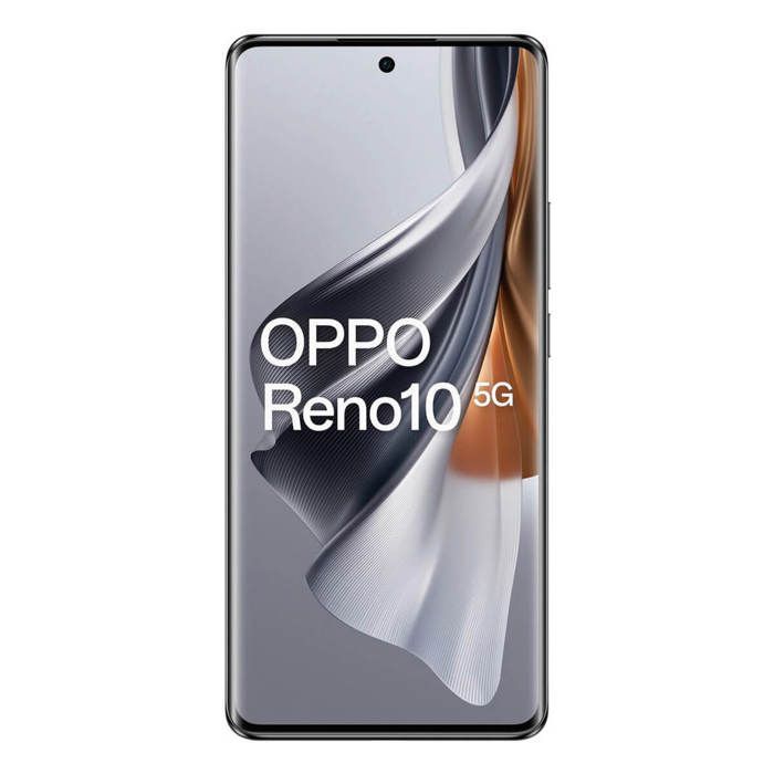Smartphone OPPO Reno10 5G na cor cinza prateado com tela AMOLED Full HD+ de 6,7
