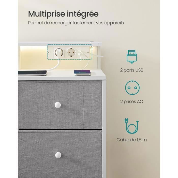 Commode avec 9 Tiroirs et Éclairage LED, Multiprise, Cadre en Acier, 33,5 x 114 x 84 cm, pour Chambre, Salon, Gris Tourterelle