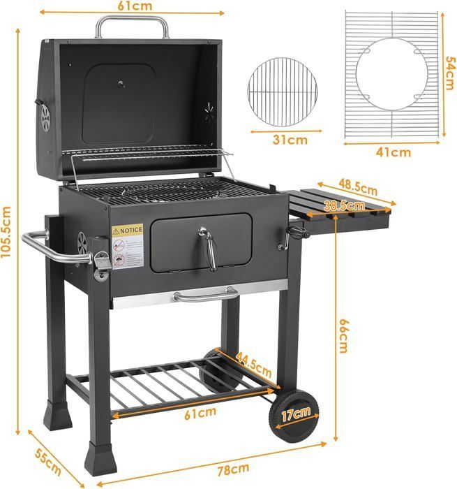 Zwarte houtskoolbarbecue, XL, met deksel, grillrooster, wielen en thermometer, rookbarbecue, 116,3 x 106 x 56 cm