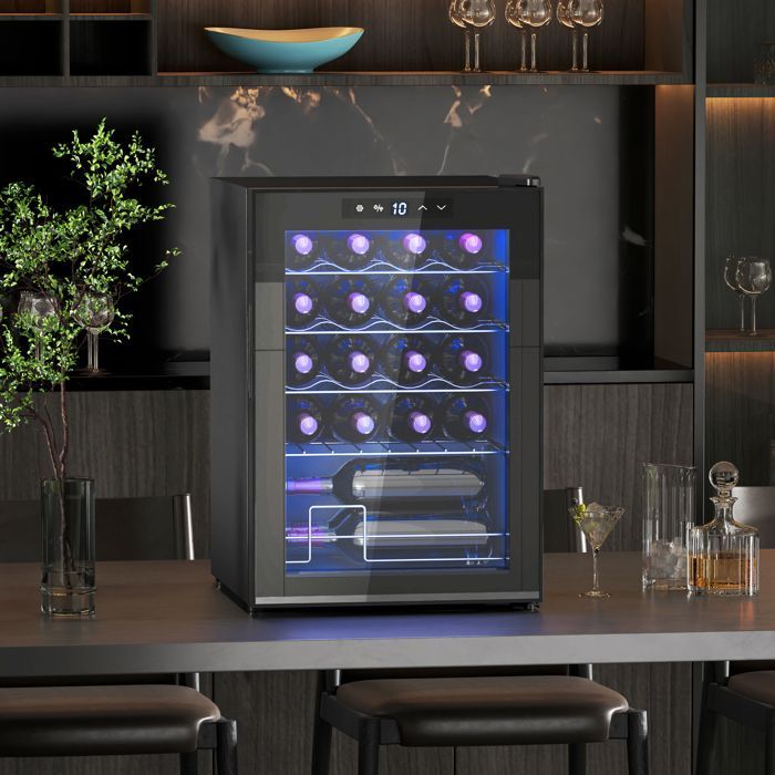 Cave à vin - HOMCOM - 20 bouteilles 53L haute performance température réglable 5-18° lumière LED - noir