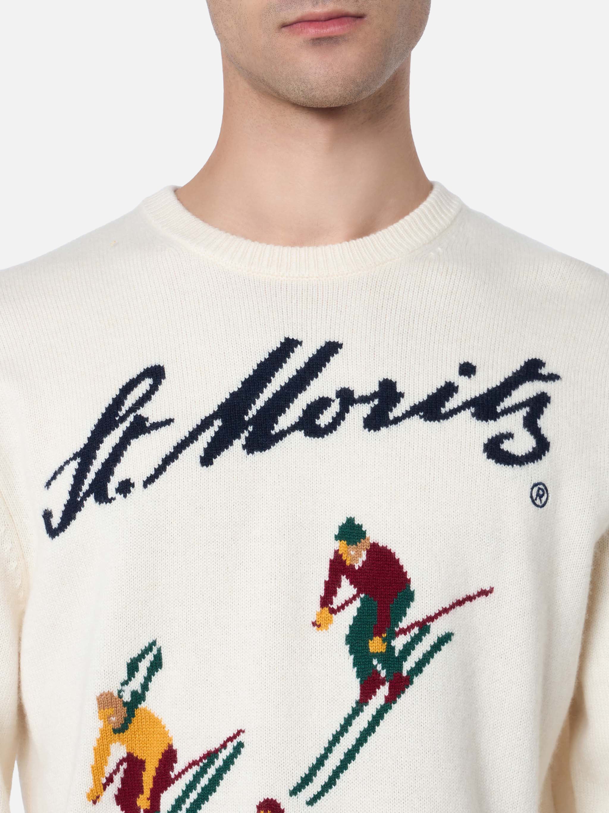 Heron White Crew-Neck Sweater with Logo Embroidery, St. Moritz Jacquard 'Top of the World' Special Edition & Ribbed Detailing | MC2 Saint Barth