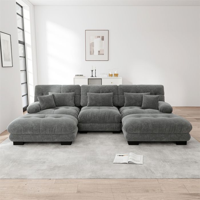 DRIPEX Cloud 4/5-Sitzer U-förmiges Sofa für das Wohnzimmer, skandinavisches Chenille-Sofa mit Kissen und Hocker, 313 × 145 × 81 cm, Grau