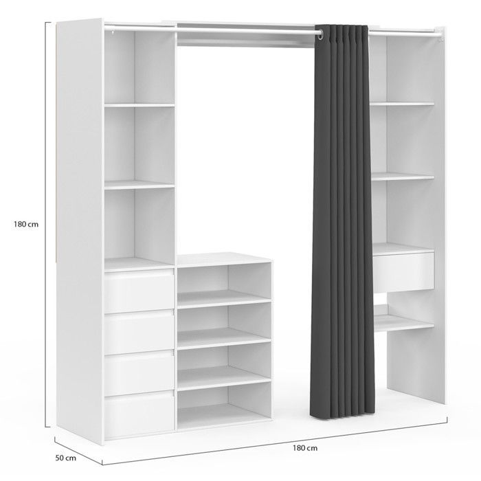 IDMARKET MERYL XXL Armadio doppio estensibile 120/180 cm bianco con cassetti + ripiani + asta appendiabiti + tenda grigia