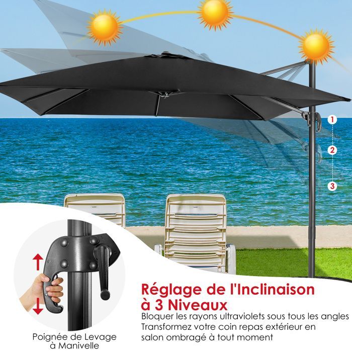 COSTWAY Parasol Déporté Pliable Ø3M avec Base Croisée-Rotation à 360°, 3 Réglages d'Inclinaison-Event pour Jardin et Terrasse, Noir
