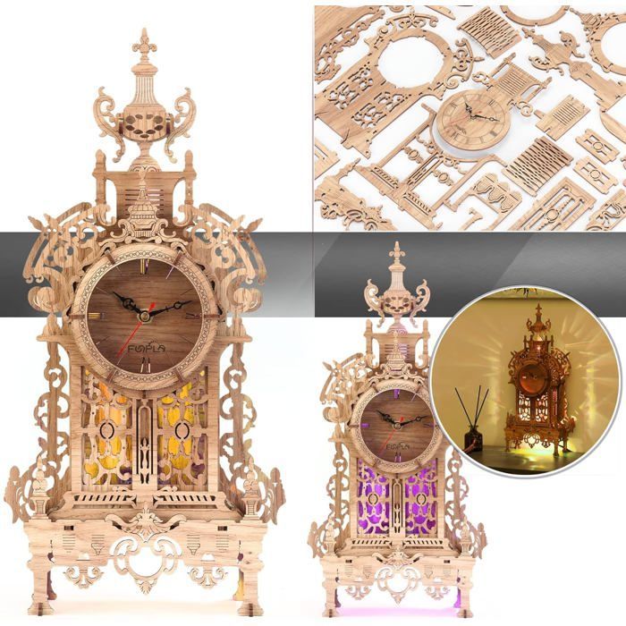 Puzzle 3D Maquette en Bois Funpola LED Horloge Steampunk DIY Kit