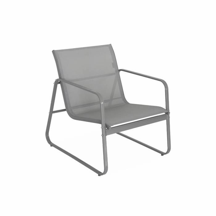 Conjunto de muebles de jardín de metal y textilene para 4 personas. Gris claro. Diseño