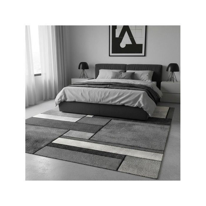 Tapis moderne géométrique rectangles design velours dense 13 mm salon contemporain (Dimension: 160x230 cm - Couleur: Gris)