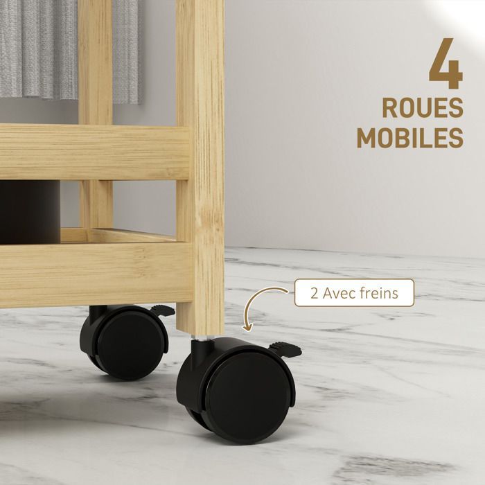 Estantería de almacenamiento para baño - HOMCOM - 3 niveles de bambú - con ruedas para cocina, baño, sala de estar - natural