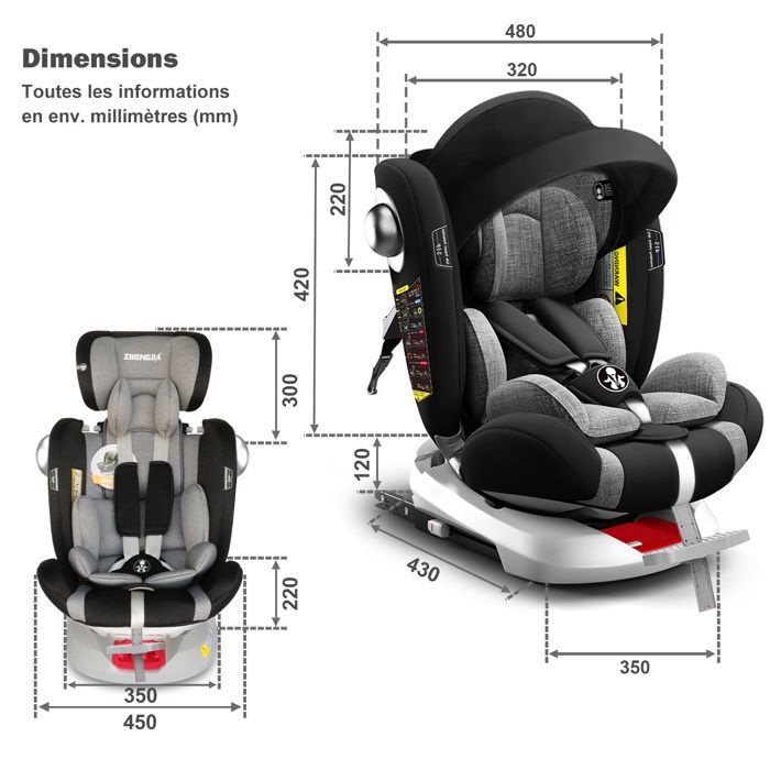 ISOFIX LATCH 360° rotating car seat, 40-150 cm, 0 to 12 years, i-Size - Group 0+/1/2/3 - Reclining, Canopy, Footrest, SIP Protection