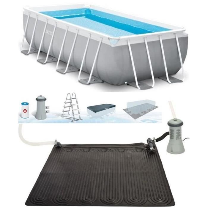 Kit de piscina con estructura prismática rectangular (4,88 m x 2,44 m x 1,07 m) y calentador solar.