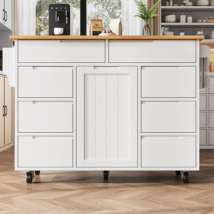 Isola cucina, mobile cucina, isola centrale con ruote e piano di lavoro, carrello di servizio con porta spezie e 8 cassetti