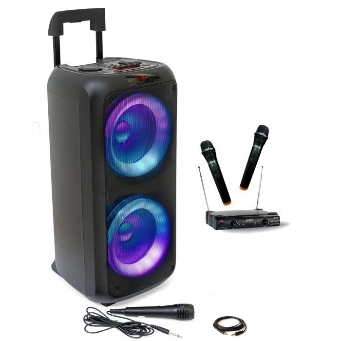 Karaoke-Set: Bluetooth-Lautsprecher mit USB-, AUX- und SD-Kartensteckplatz, 600-Watt-Akkubetrieb – 2 UHF-Funkmikrofone – Perfekt für Kinderpartys und Geburtstage