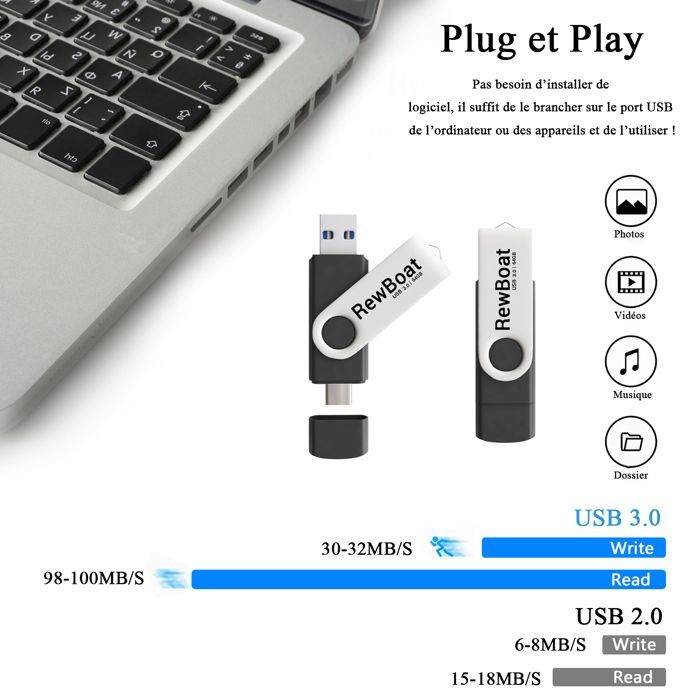 Pen drive USB 3.0 de 64 GB, pacote com 2 unidades, velocidade de leitura de 130 MB/s, 2 em 1, tipo C&A, preto, REWBOAT