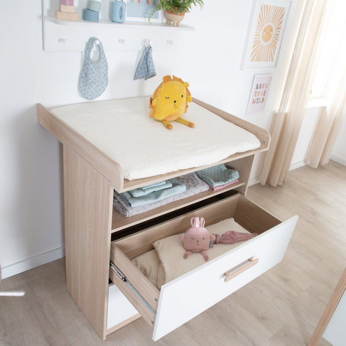 Conjunto completo de dormitorio infantil: cuna de 60 x 120 cm + cambiador convertible + armario - CABANE - ROBA - Roble / Blanco