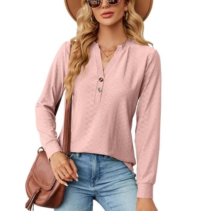 INSFITY Damen-T-Shirt – Langarm – V-Ausschnitt – Unifarbenes Rosa – Lockere Passform