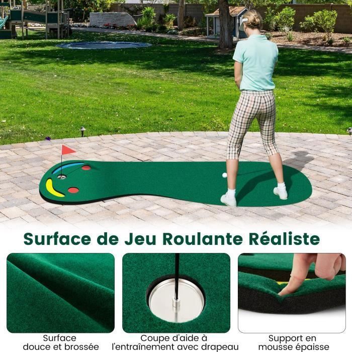 Tapete portátil para practicar golf - COSTWAY - 300 x 96 cm - Superficie True-roll - 3 hoyos - 2 obstáculos