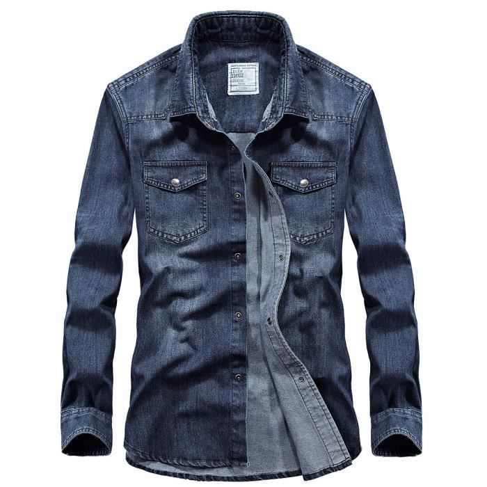 Camicia da uomo in denim a maniche lunghe, vestibilità regolare, con tasche, tinta unita, casual - Blu