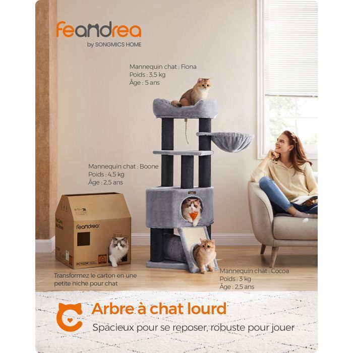 FEANDREA Cat Tree, 50 x 50 x 141 cm, Thick Sisal Posts, Light Grey, XXL Platform, Hammock, Large Cat Cave, Stable, Grey