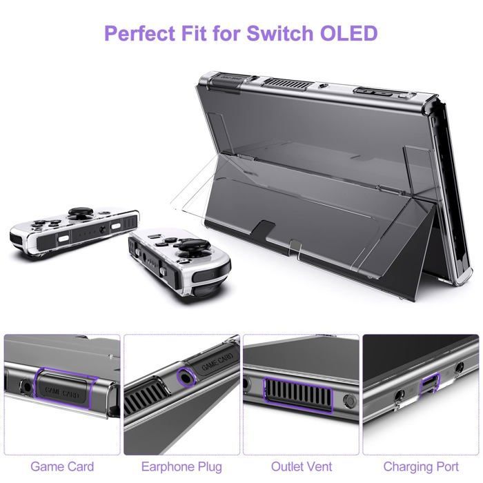 Kit di accessori OLED 19 in 1 per Nintendo Switch: custodia viola chiaro con tasca per giochi e pellicola protettiva per lo schermo.