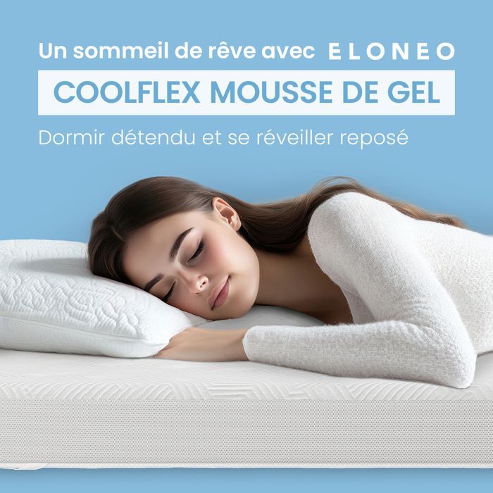 Cubrecolchón de gel ELONEO de 140x200x8cm, 5 cm de espuma viscoelástica con gel, funda de malla 3D transpirable con esquinas elásticas.