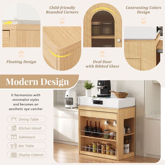 Isla de cocina con ruedas, regleta y gancho, mesa de comedor extensible con tablero plegable, acabado natural.